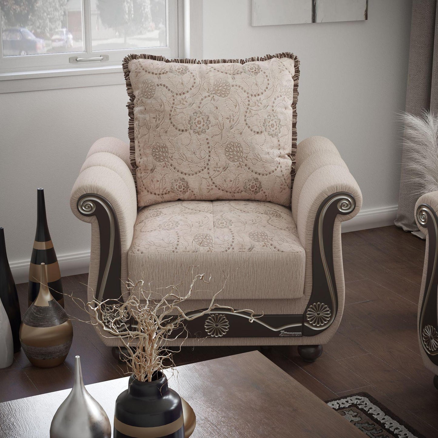 Lawson design, Linen Color , Chenille upholstered convertible Armchair with underseat storage from Victoria by Ottomanson in living room lifestyle setting by itself. This Armchair measures 41 inches width by 40 inches depth by 40 inches height.