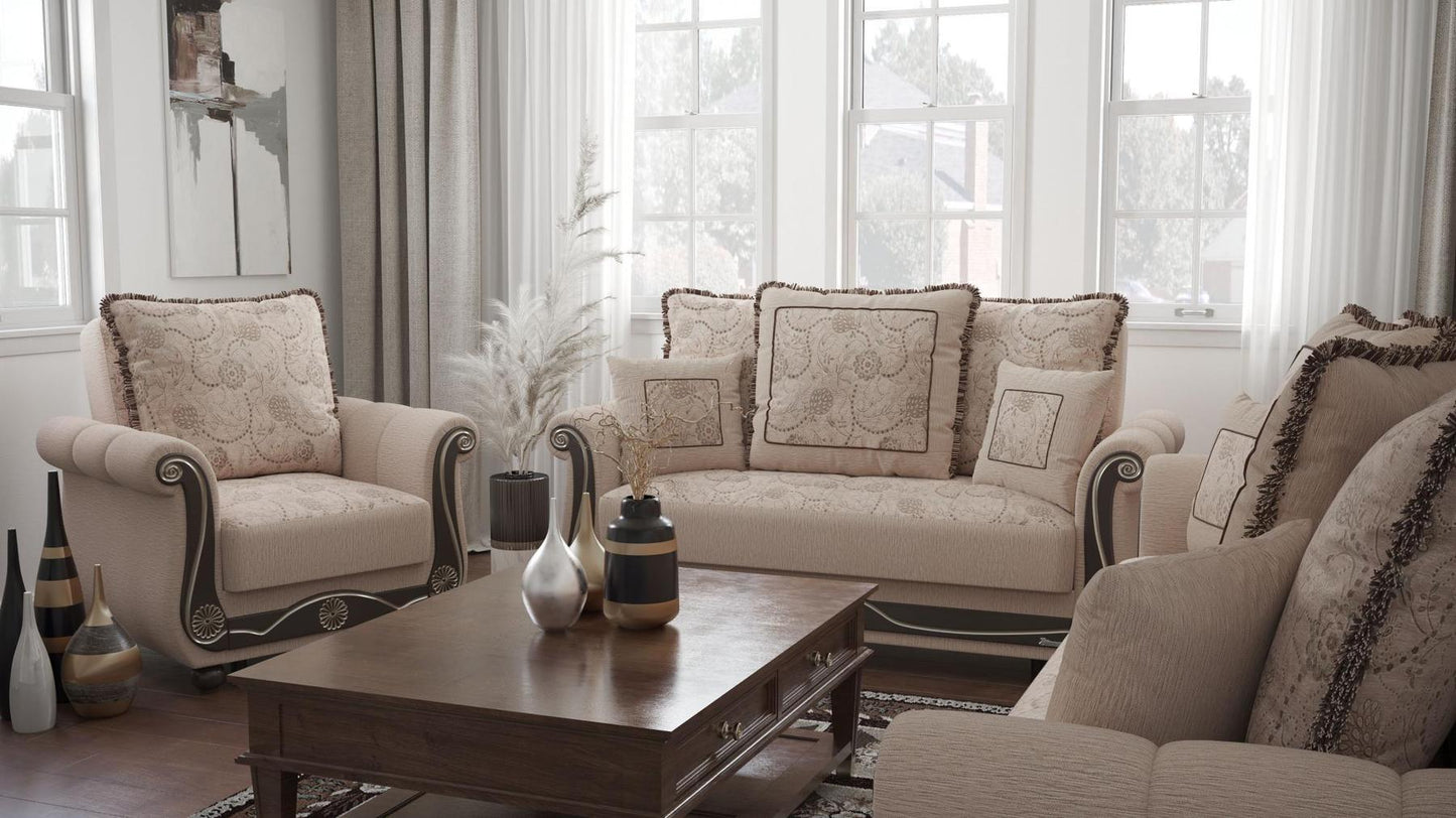 Lawson design, Linen Color , Chenille upholstered convertible Armchair with underseat storage from Victoria by Ottomanson in living room lifestyle setting with another piece of furniture. This Armchair measures 41 inches width by 40 inches depth by 40 inches height.