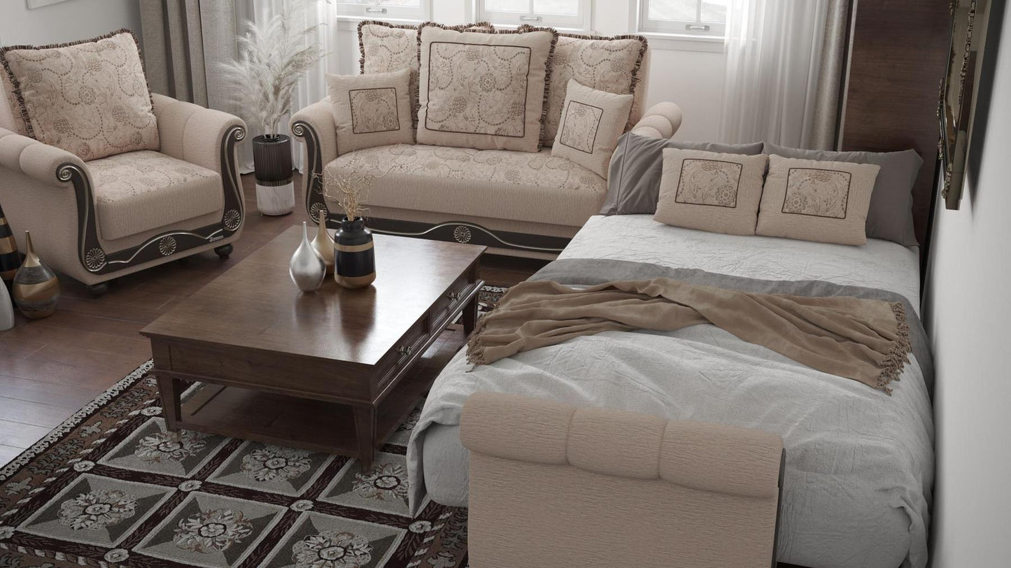 Lawson design, Linen Color , Chenille upholstered convertible Armchair with underseat storage from Victoria by Ottomanson in living room lifestyle setting converted to sleeper. This Armchair measures 41 inches width by 40 inches depth by 40 inches height.