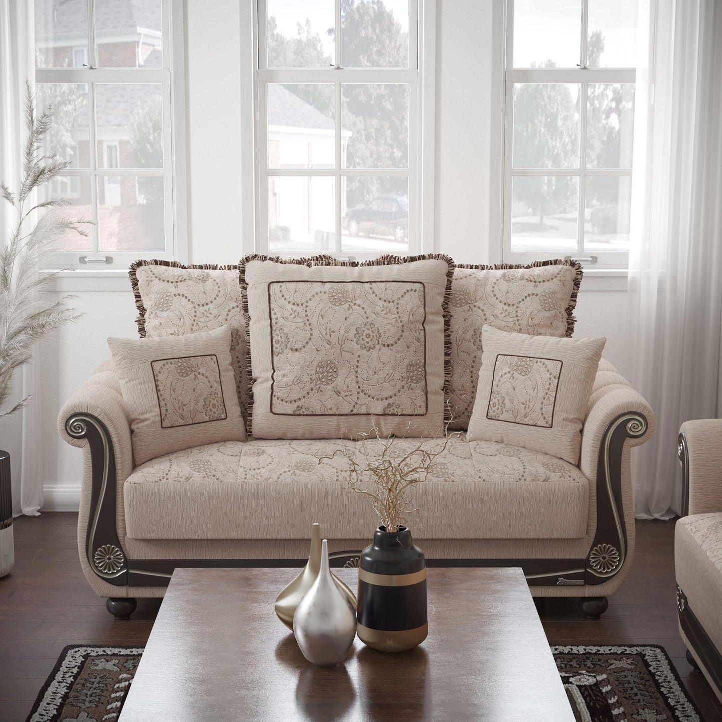 Lawson design, Linen Color , Chenille upholstered convertible sleeper Loveseat with underseat storage from Victoria by Ottomanson in living room lifestyle setting by itself. This Loveseat measures 71 inches width by 40 inches depth by 40 inches height.