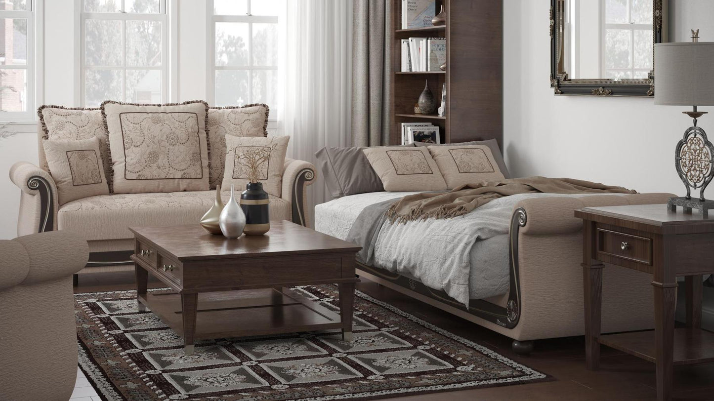 Lawson design, Linen Color , Chenille upholstered convertible sleeper Loveseat with underseat storage from Victoria by Ottomanson in living room lifestyle setting converted to sleeper. This Loveseat measures 71 inches width by 40 inches depth by 40 inches height.