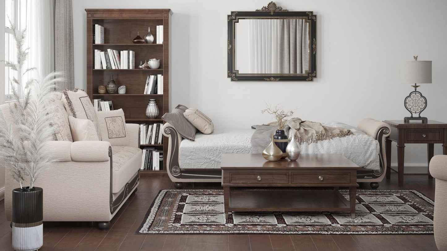 Lawson design, Linen Color , Chenille upholstered convertible sleeper Sofabed with underseat storage from Victoria by Ottomanson in living room lifestyle setting converted to sleeper. This Sofabed measures 95 inches width by 40 inches depth by 40 inches height.