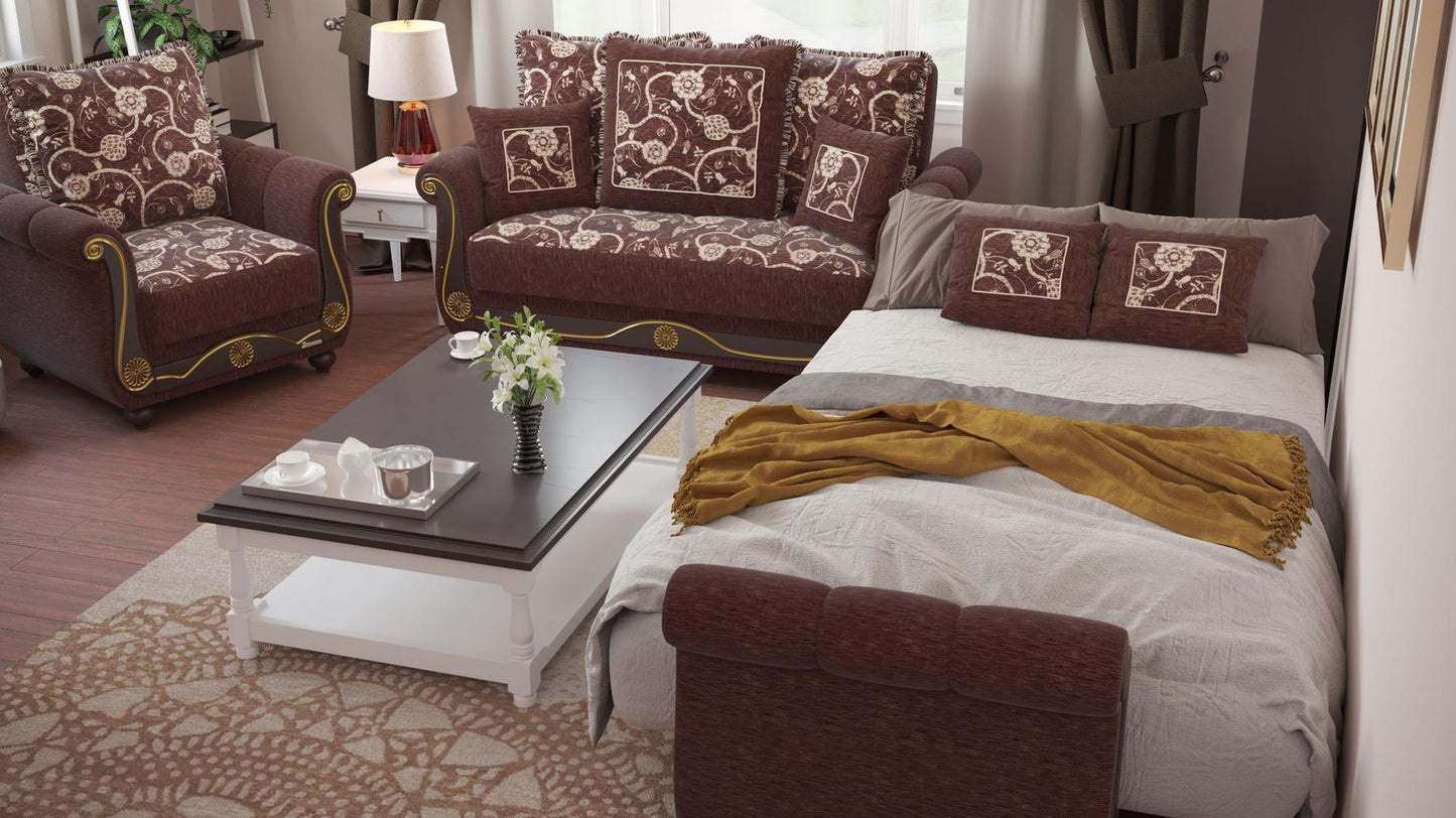 Lawson design, Royal Brown , Chenille upholstered convertible Armchair with underseat storage from Victoria by Ottomanson in living room lifestyle setting converted to sleeper. This Armchair measures 41 inches width by 40 inches depth by 40 inches height.