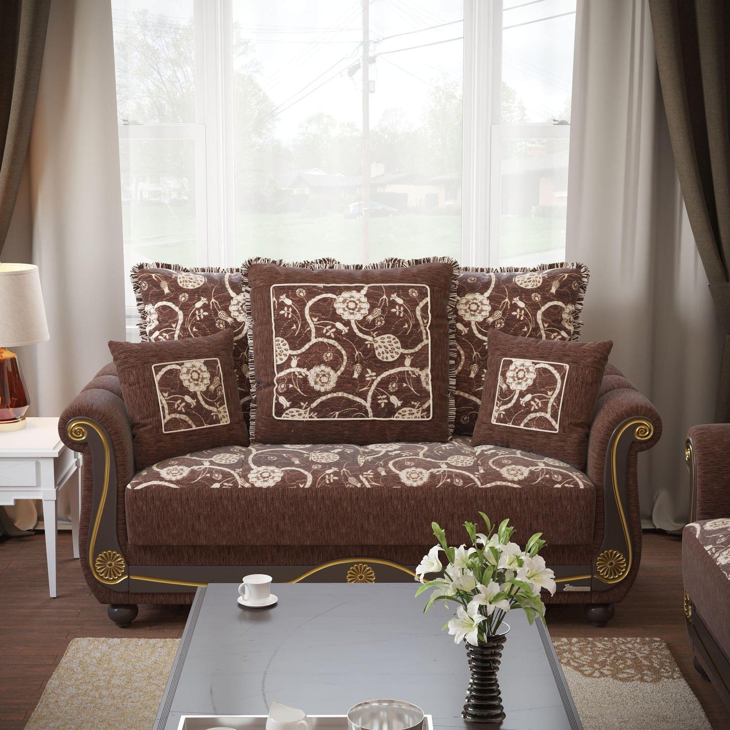 Lawson design, Royal Brown , Chenille upholstered convertible sleeper Loveseat with underseat storage from Victoria by Ottomanson in living room lifestyle setting by itself. This Loveseat measures 71 inches width by 40 inches depth by 40 inches height.