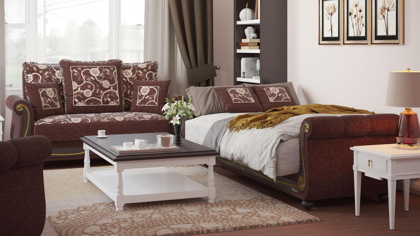 Lawson design, Royal Brown , Chenille upholstered convertible sleeper Loveseat with underseat storage from Victoria by Ottomanson in living room lifestyle setting converted to sleeper. This Loveseat measures 71 inches width by 40 inches depth by 40 inches height.