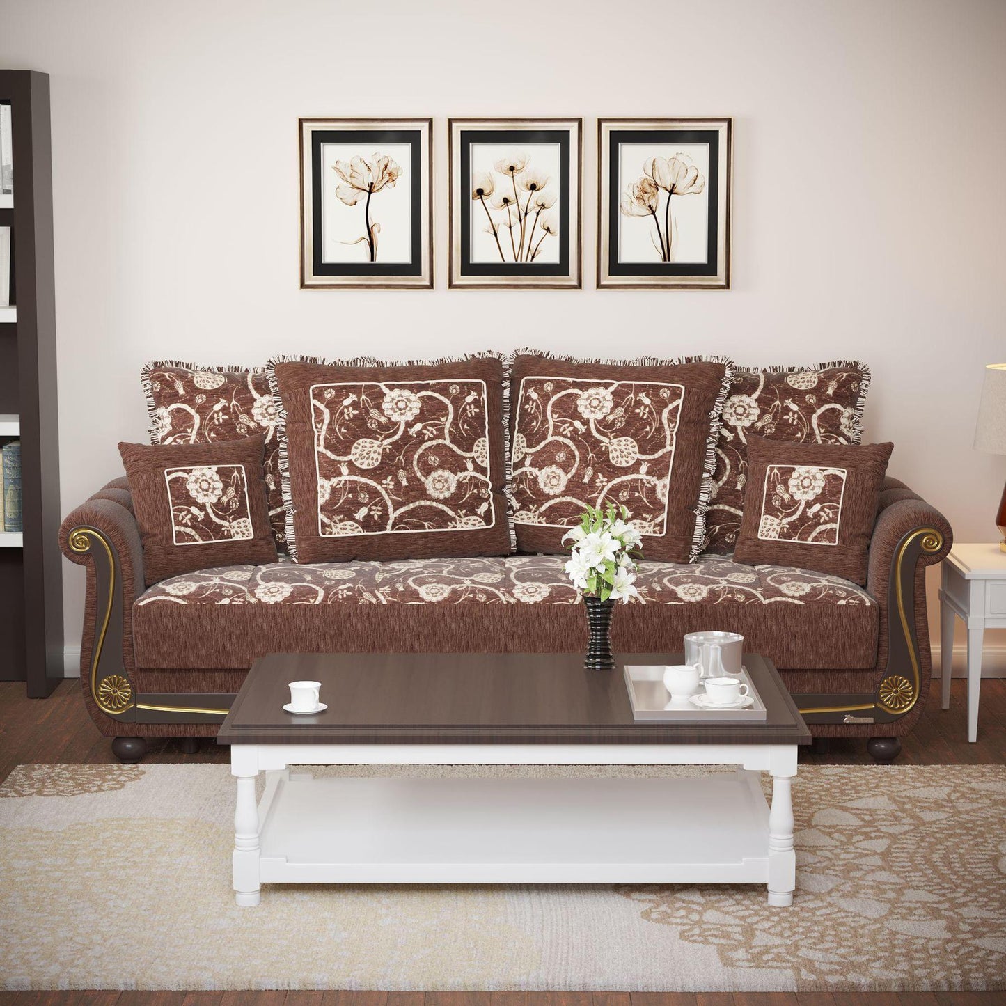 Lawson design, Royal Brown , Chenille upholstered convertible sleeper Sofabed with underseat storage from Victoria by Ottomanson in living room lifestyle setting by itself. This Sofabed measures 95 inches width by 40 inches depth by 40 inches height.