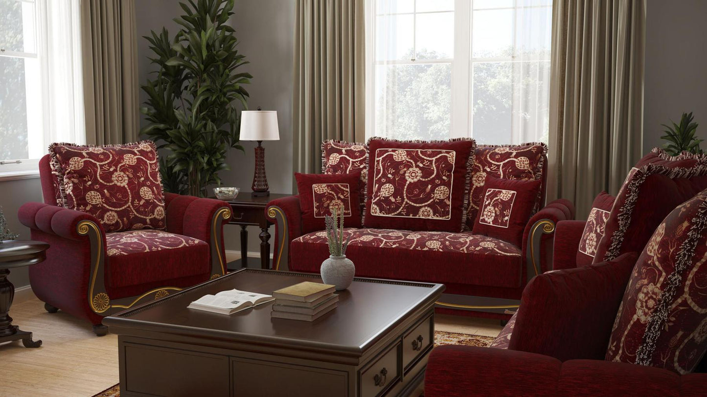 Lawson design, Burgundy , Chenille upholstered convertible Armchair with underseat storage from Victoria by Ottomanson in living room lifestyle setting with another piece of furniture. This Armchair measures 41 inches width by 40 inches depth by 40 inches height.