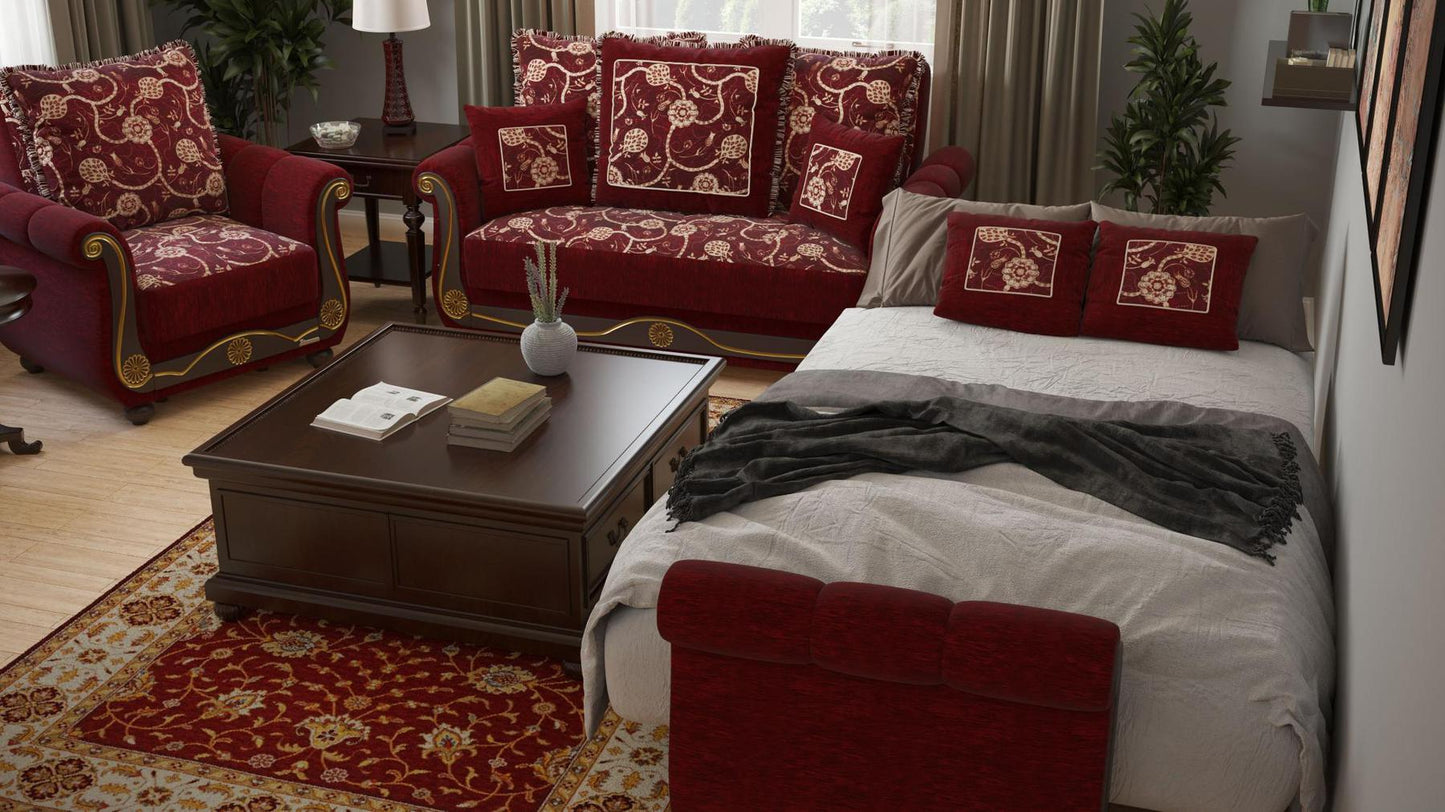 Lawson design, Burgundy , Chenille upholstered convertible Armchair with underseat storage from Victoria by Ottomanson in living room lifestyle setting converted to sleeper. This Armchair measures 41 inches width by 40 inches depth by 40 inches height.