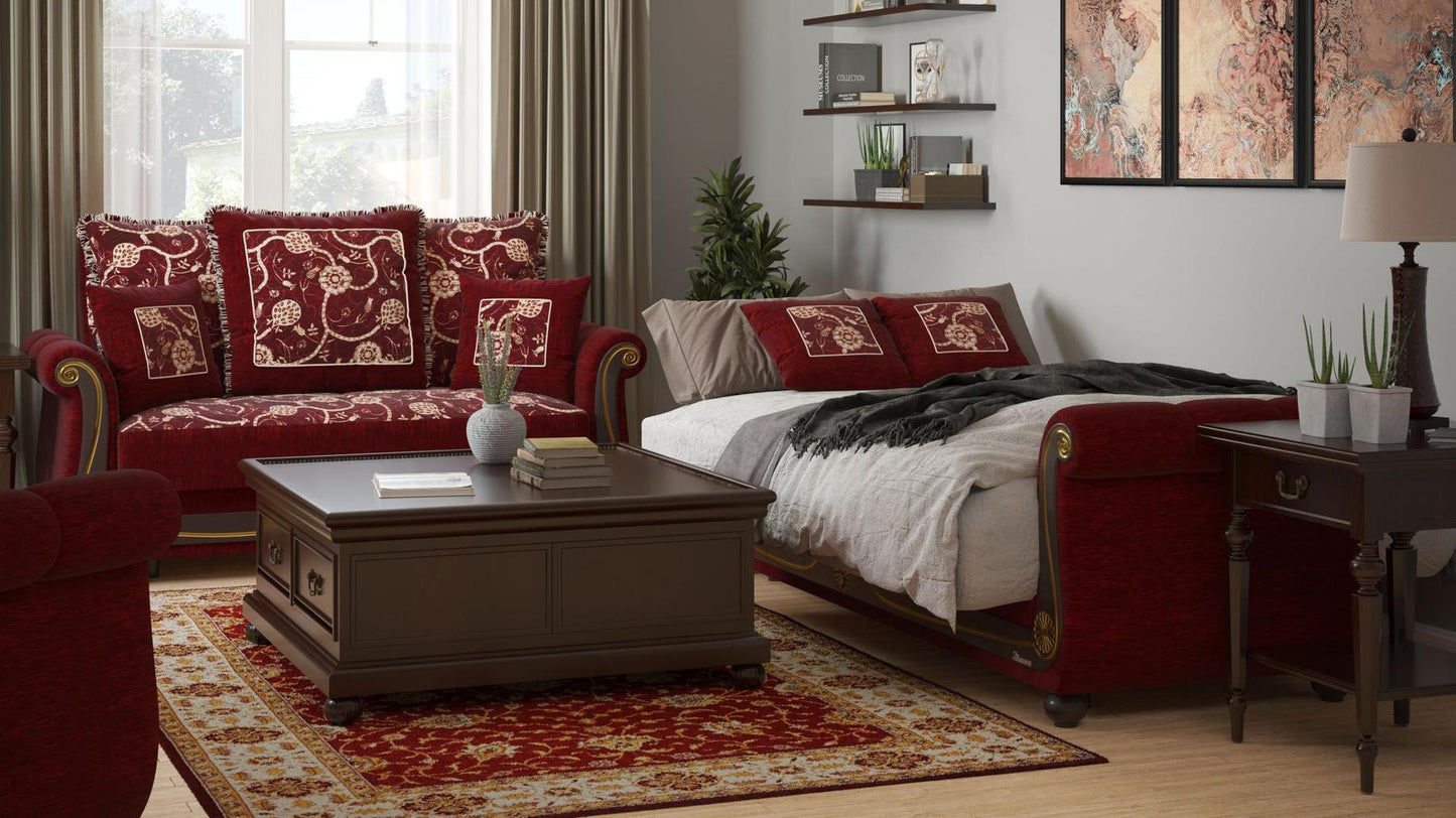 Lawson design, Burgundy , Chenille upholstered convertible sleeper Loveseat with underseat storage from Victoria by Ottomanson in living room lifestyle setting converted to sleeper. This Loveseat measures 71 inches width by 40 inches depth by 40 inches height.
