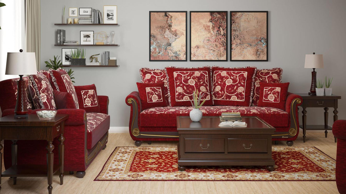 Lawson design, Burgundy , Chenille upholstered convertible sleeper Sofabed with underseat storage from Victoria by Ottomanson in living room lifestyle setting with another piece of furniture. This Sofabed measures 95 inches width by 40 inches depth by 40 inches height.