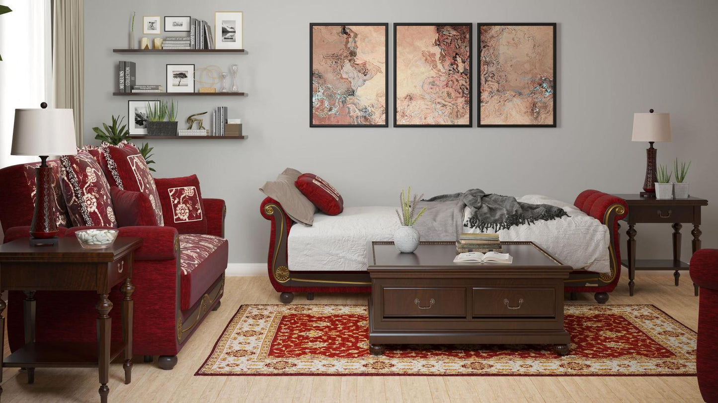 Lawson design, Burgundy , Chenille upholstered convertible sleeper Sofabed with underseat storage from Victoria by Ottomanson in living room lifestyle setting converted to sleeper. This Sofabed measures 95 inches width by 40 inches depth by 40 inches height.