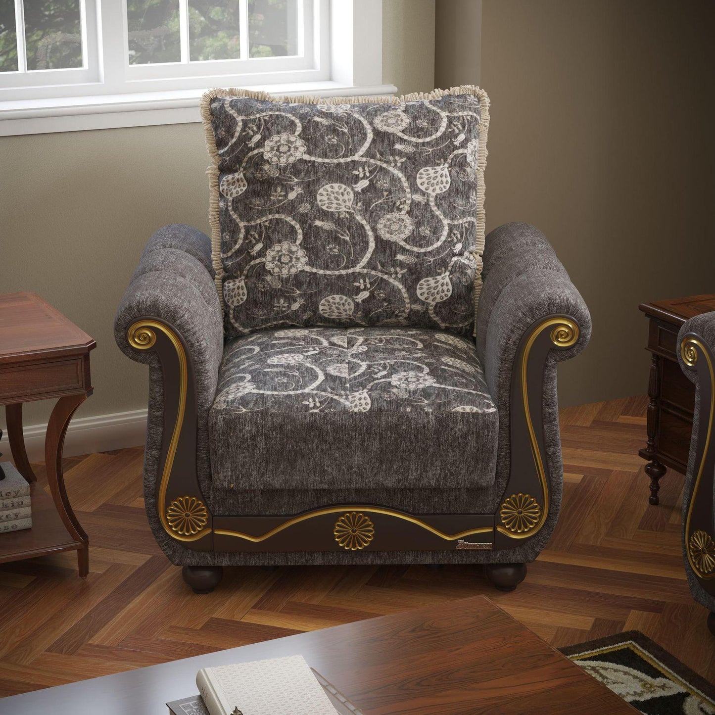 Lawson design, Silver , Chenille upholstered convertible Armchair with underseat storage from Victoria by Ottomanson in living room lifestyle setting by itself. This Armchair measures 41 inches width by 40 inches depth by 40 inches height.