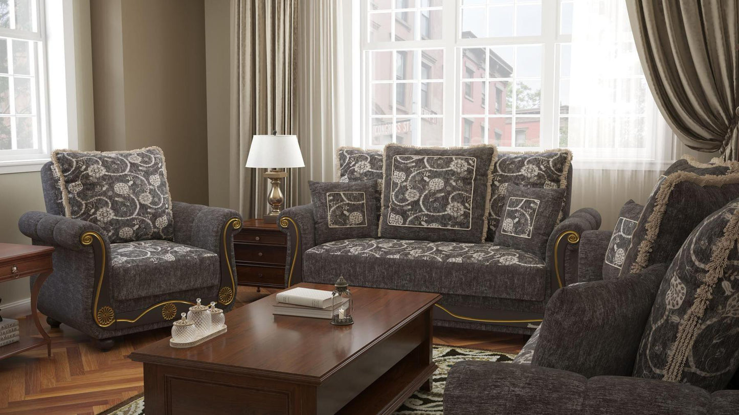 Lawson design, Silver , Chenille upholstered convertible Armchair with underseat storage from Victoria by Ottomanson in living room lifestyle setting with another piece of furniture. This Armchair measures 41 inches width by 40 inches depth by 40 inches height.