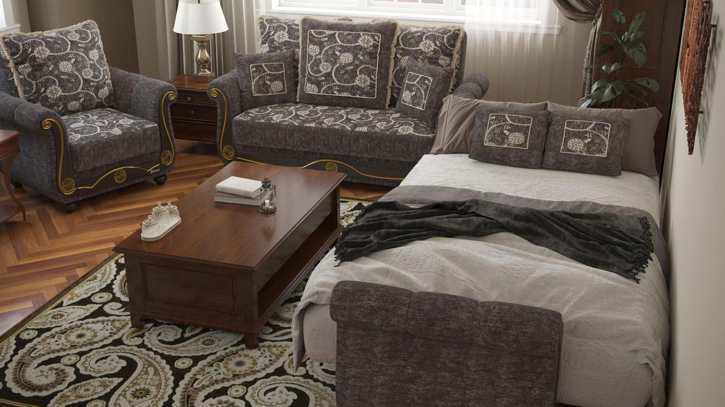 Lawson design, Silver , Chenille upholstered convertible Armchair with underseat storage from Victoria by Ottomanson in living room lifestyle setting converted to sleeper. This Armchair measures 41 inches width by 40 inches depth by 40 inches height.