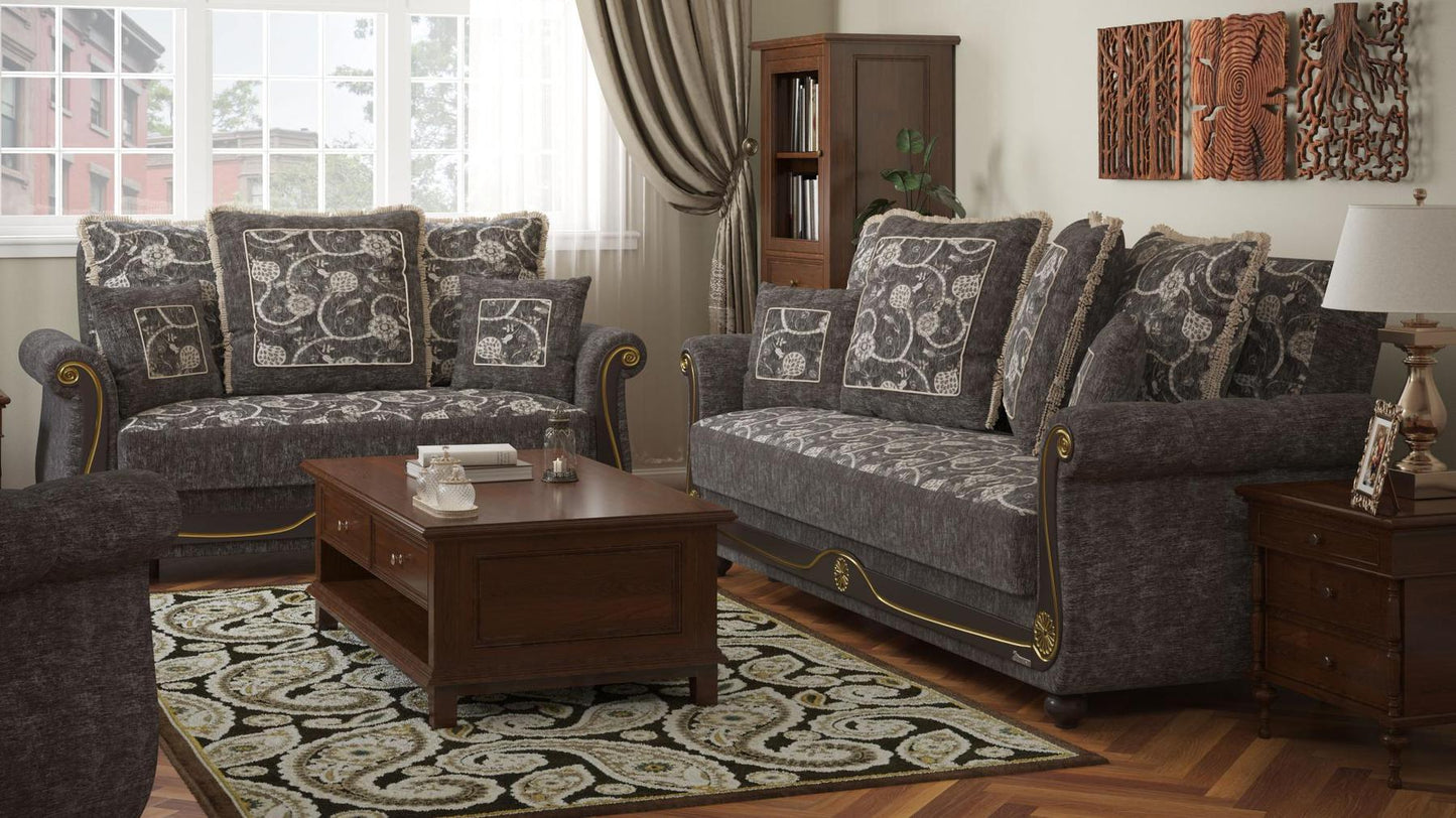 Lawson design, Silver , Chenille upholstered convertible sleeper Loveseat with underseat storage from Victoria by Ottomanson in living room lifestyle setting with another piece of furniture. This Loveseat measures 71 inches width by 40 inches depth by 40 inches height.