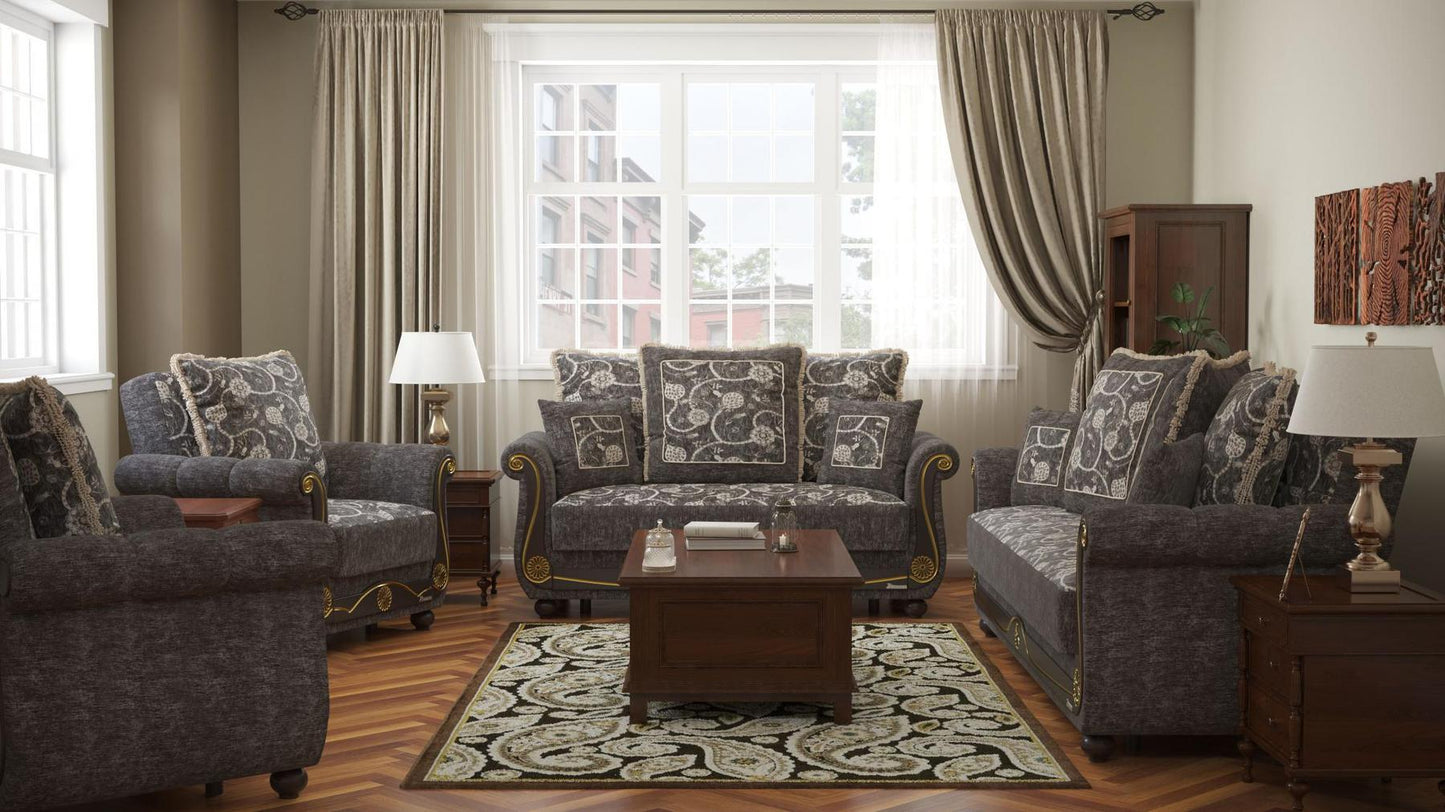 Lawson design, Silver , Chenille upholstered convertible sleeper Loveseat with underseat storage from Victoria by Ottomanson in living room lifestyle setting with the matching furniture set. This Loveseat measures 71 inches width by 40 inches depth by 40 inches height.