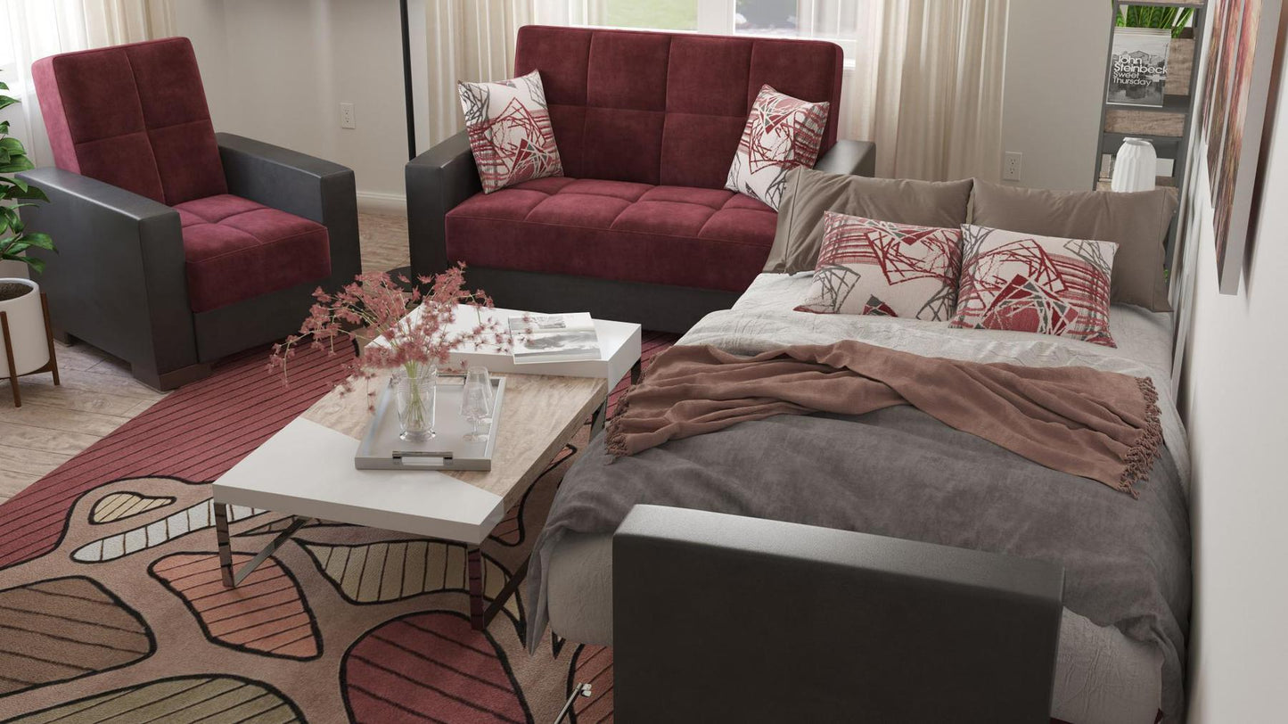 Modern design, Beaujolais, Black , Microfiber, Artificial Leather upholstered convertible Armchair with underseat storage from Voyage Track by Ottomanson in living room lifestyle setting converted to sleeper. This Armchair measures 38 inches width by 36 inches depth by 41 inches height.