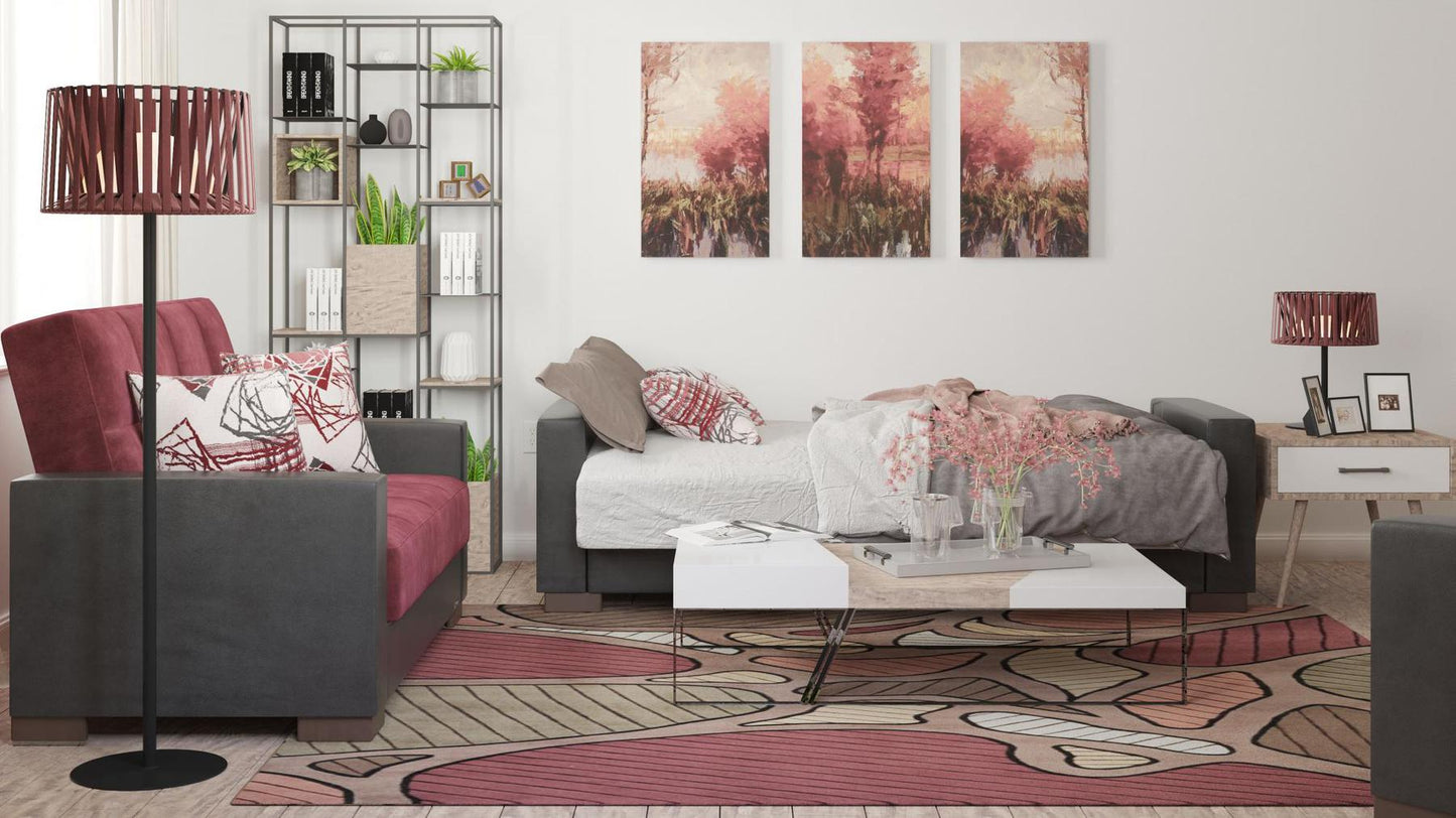 Modern design, Beaujolais, Black , Microfiber, Artificial Leather upholstered convertible sleeper Sofabed with underseat storage from Voyage Track by Ottomanson in living room lifestyle setting converted to sleeper. This Sofabed measures 90 inches width by 36 inches depth by 41 inches height.