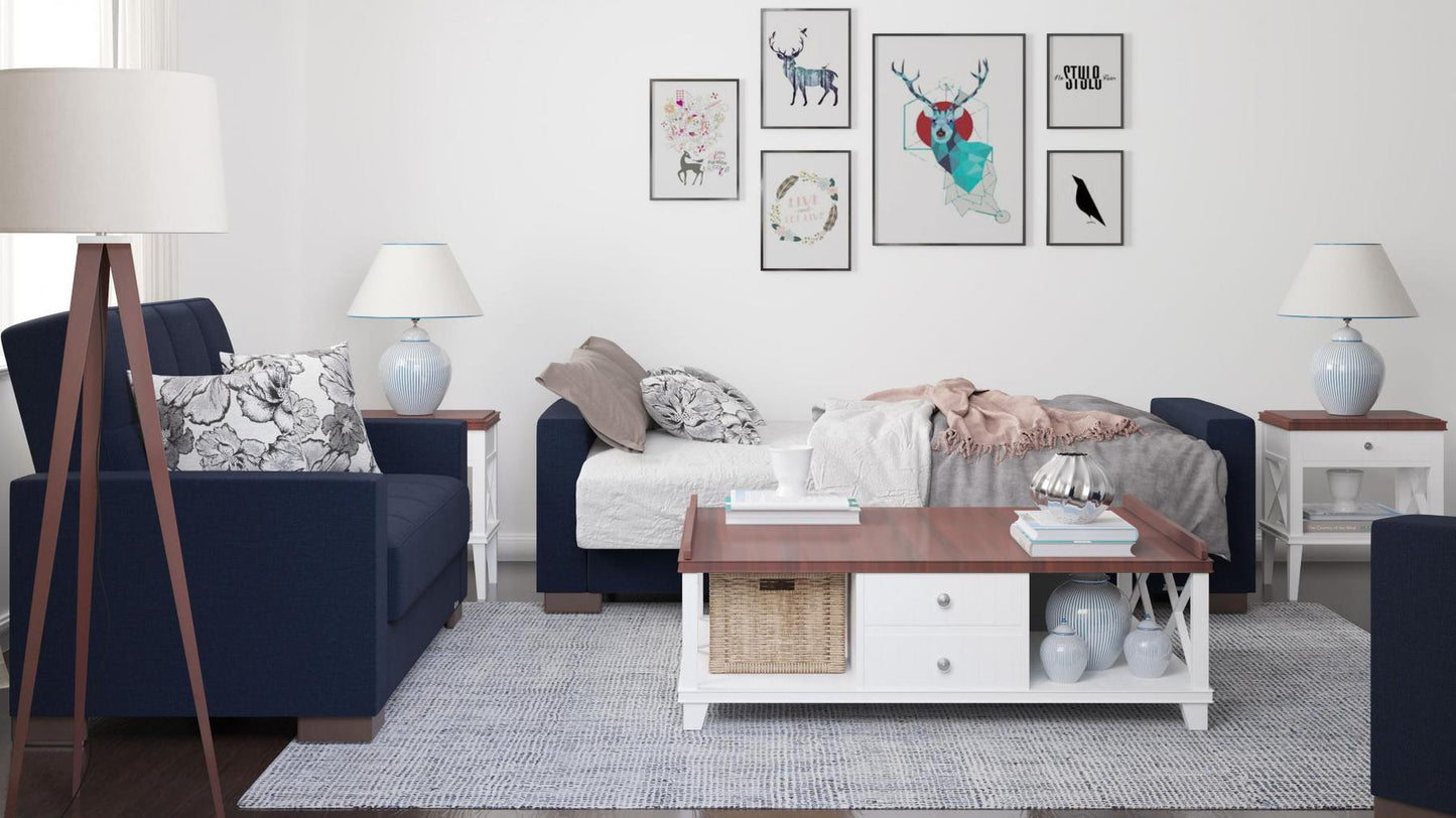 Modern design, Black Blue Denim , Chenille upholstered convertible sleeper Sofabed with underseat storage from Voyage Track by Ottomanson in living room lifestyle setting converted to sleeper. This Sofabed measures 90 inches width by 36 inches depth by 41 inches height.