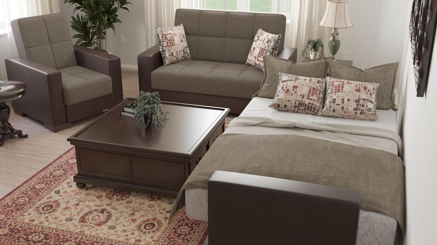 Modern design, Tannin Brown, Dark Brown , Chenille, Artificial Leather upholstered convertible Armchair with underseat storage from Voyage Track by Ottomanson in living room lifestyle setting converted to sleeper. This Armchair measures 38 inches width by 36 inches depth by 41 inches height.