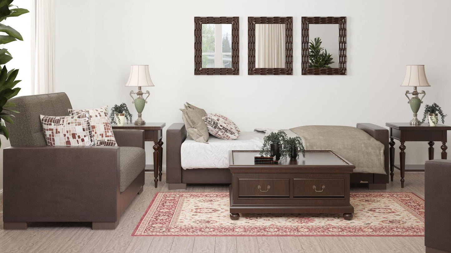 Modern design, Tannin Brown, Dark Brown , Chenille, Artificial Leather upholstered convertible sleeper Sofabed with underseat storage from Voyage Track by Ottomanson in living room lifestyle setting converted to sleeper. This Sofabed measures 90 inches width by 36 inches depth by 41 inches height.