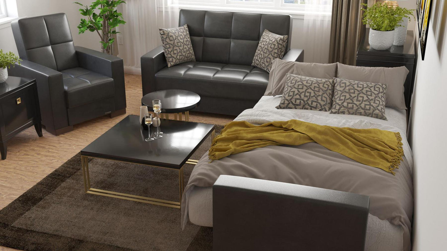 Modern design, Black , Artificial Leather upholstered convertible Armchair with underseat storage from Voyage Track by Ottomanson in living room lifestyle setting converted to sleeper. This Armchair measures 38 inches width by 36 inches depth by 41 inches height.