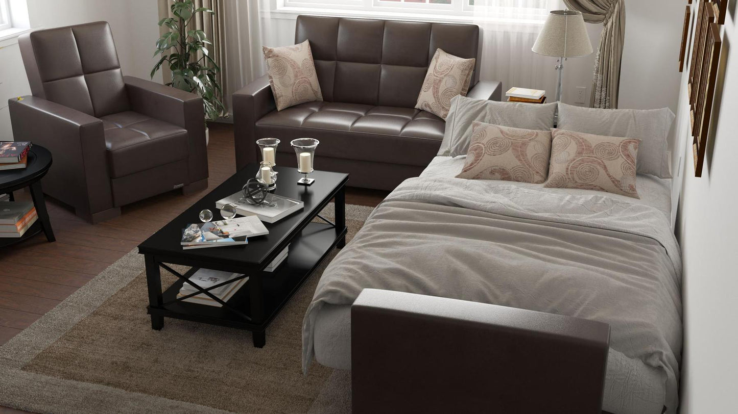 Modern design, Dark Brown , Artificial Leather upholstered convertible Armchair with underseat storage from Voyage Track by Ottomanson in living room lifestyle setting converted to sleeper. This Armchair measures 38 inches width by 36 inches depth by 41 inches height.