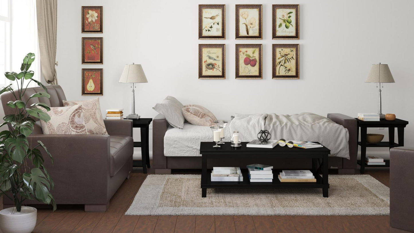 Modern design, Dark Brown , Artificial Leather upholstered convertible sleeper Sofabed with underseat storage from Voyage Track by Ottomanson in living room lifestyle setting converted to sleeper. This Sofabed measures 90 inches width by 36 inches depth by 41 inches height.