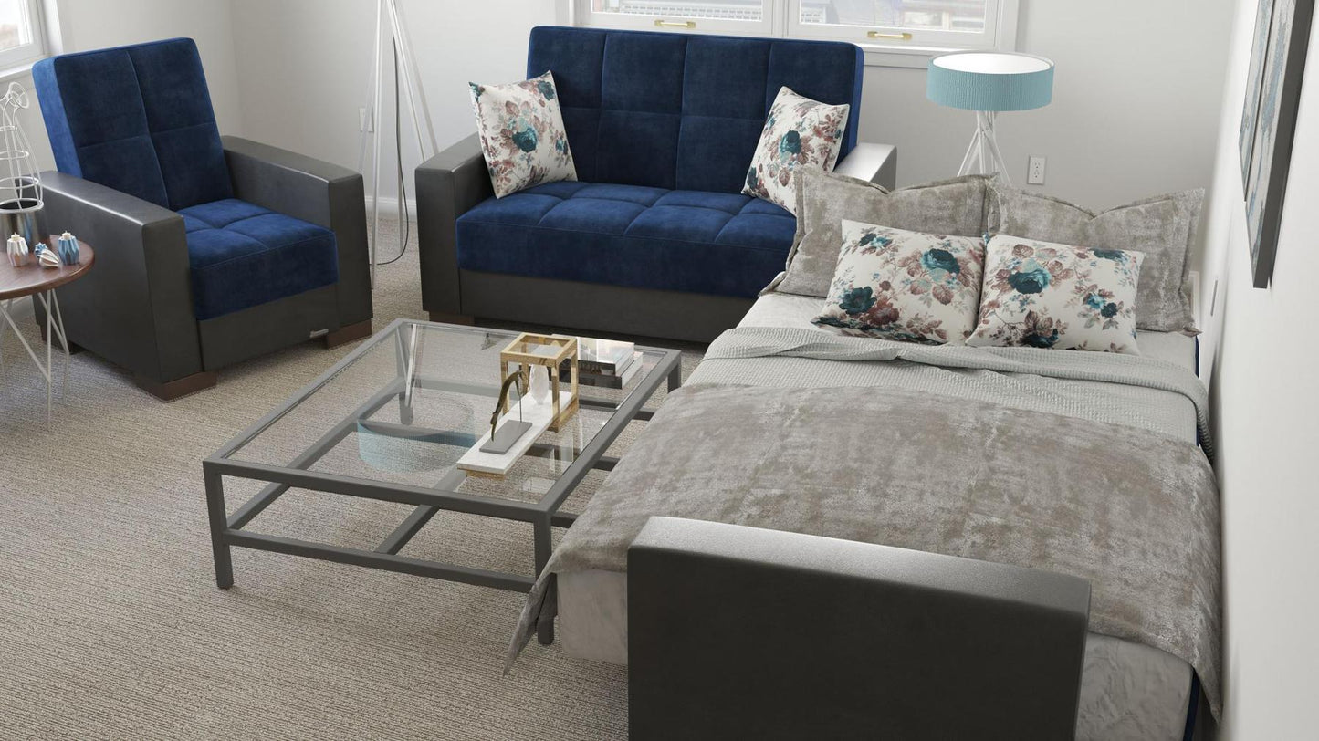 Modern design, Snorkel Blue, Black , Microfiber, Artificial Leather upholstered convertible Armchair with underseat storage from Voyage Track by Ottomanson in living room lifestyle setting converted to sleeper. This Armchair measures 38 inches width by 36 inches depth by 41 inches height.