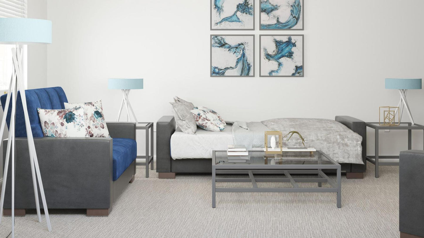 Modern design, Snorkel Blue, Black , Microfiber, Artificial Leather upholstered convertible sleeper Sofabed with underseat storage from Voyage Track by Ottomanson in living room lifestyle setting converted to sleeper. This Sofabed measures 90 inches width by 36 inches depth by 41 inches height.