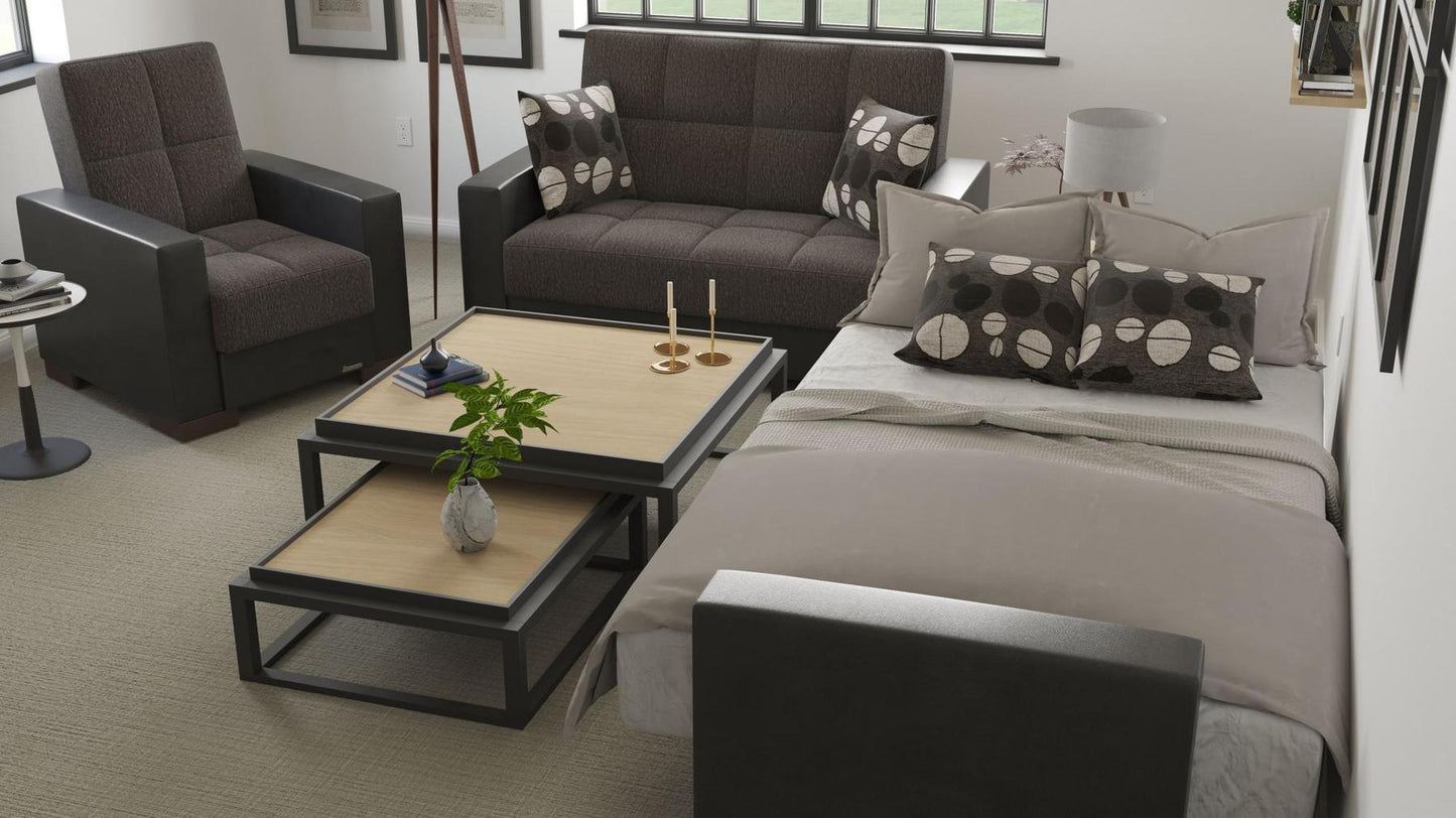 Modern design, Dark Slate Gray, Black , Chenille, Artificial Leather upholstered convertible Armchair with underseat storage from Voyage Track by Ottomanson in living room lifestyle setting converted to sleeper. This Armchair measures 38 inches width by 36 inches depth by 41 inches height.