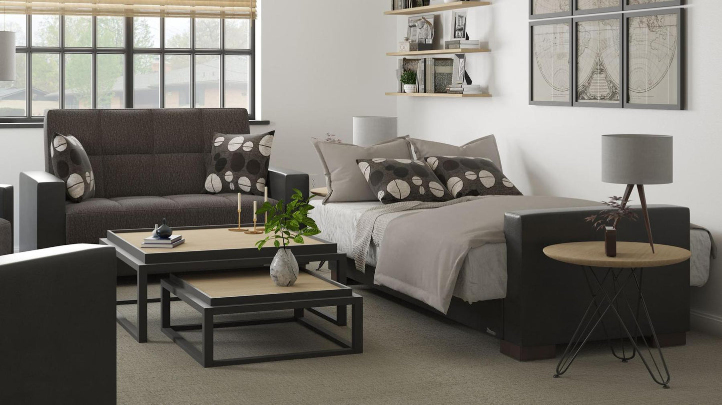 Modern design, Dark Slate Gray, Black , Chenille, Artificial Leather upholstered convertible sleeper Loveseat with underseat storage from Voyage Track by Ottomanson in living room lifestyle setting converted to sleeper. This Loveseat measures 67 inches width by 36 inches depth by 41 inches height.