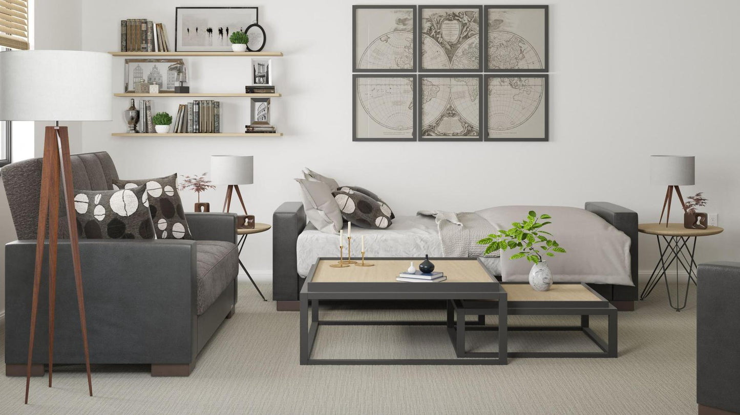 Modern design, Dark Slate Gray, Black , Chenille, Artificial Leather upholstered convertible sleeper Sofabed with underseat storage from Voyage Track by Ottomanson in living room lifestyle setting converted to sleeper. This Sofabed measures 90 inches width by 36 inches depth by 41 inches height.