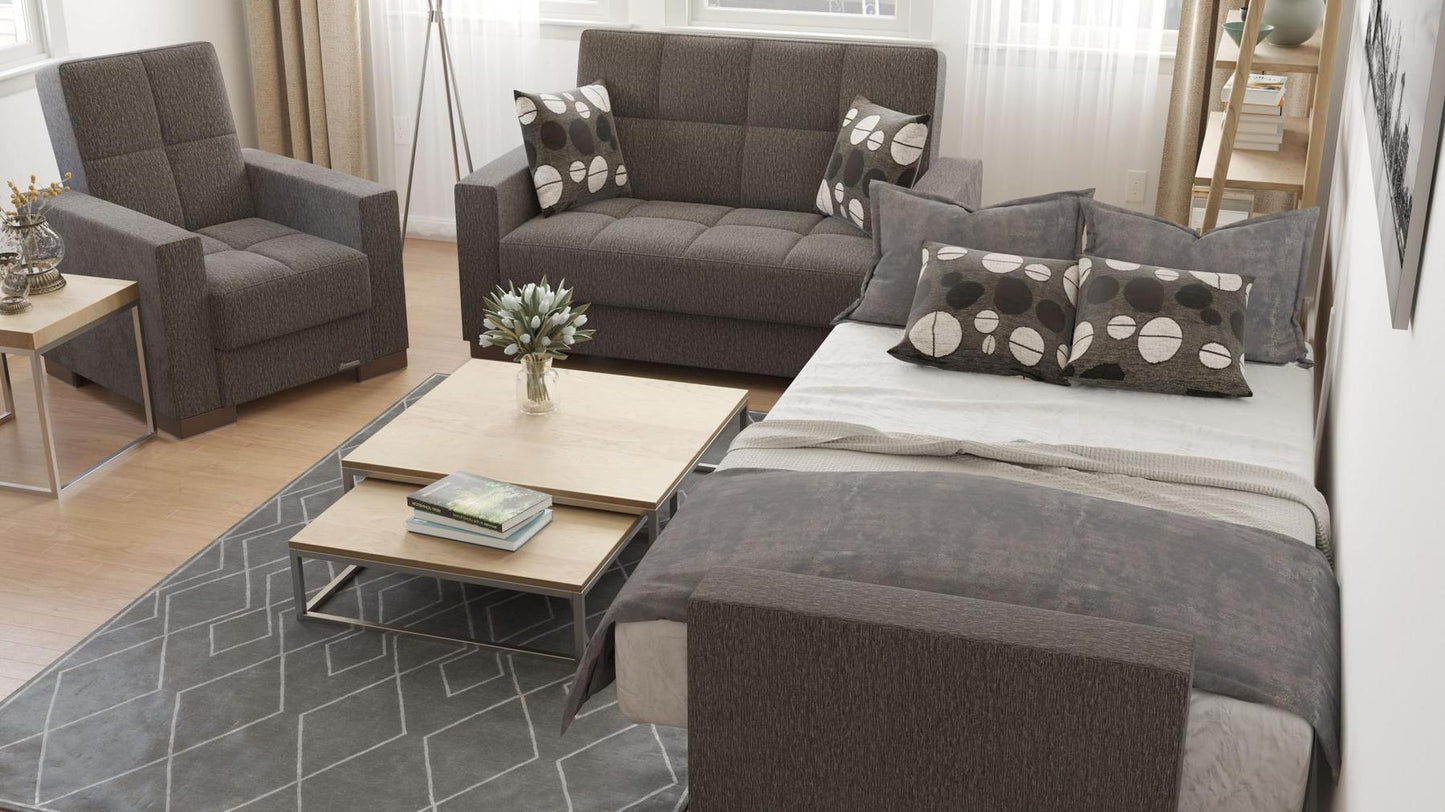 Modern design, Dark Slate Gray , Chenille upholstered convertible Armchair with underseat storage from Voyage Track by Ottomanson in living room lifestyle setting converted to sleeper. This Armchair measures 38 inches width by 36 inches depth by 41 inches height.