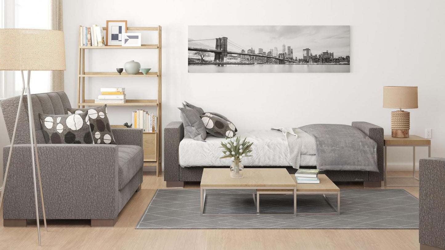 Modern design, Dark Slate Gray , Chenille upholstered convertible sleeper Sofabed with underseat storage from Voyage Track by Ottomanson in living room lifestyle setting converted to sleeper. This Sofabed measures 90 inches width by 36 inches depth by 41 inches height.