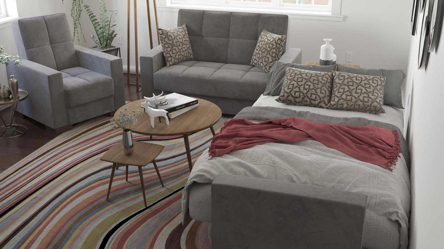 Modern design, Pewter Gray , Microfiber upholstered convertible Armchair with underseat storage from Voyage Track by Ottomanson in living room lifestyle setting converted to sleeper. This Armchair measures 38 inches width by 36 inches depth by 41 inches height.