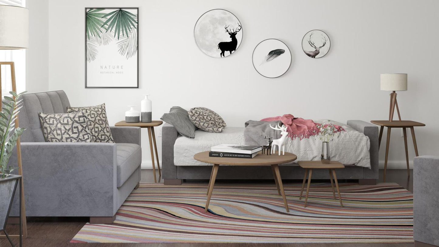 Modern design, Pewter Gray , Microfiber upholstered convertible sleeper Sofabed with underseat storage from Voyage Track by Ottomanson in living room lifestyle setting converted to sleeper. This Sofabed measures 90 inches width by 36 inches depth by 41 inches height.