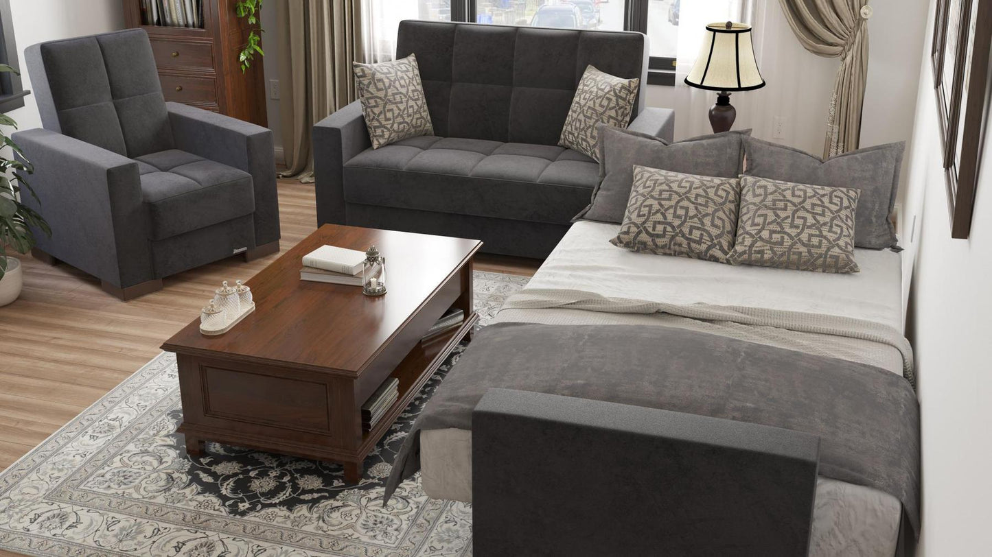 Modern design, Black , Microfiber upholstered convertible Armchair with underseat storage from Voyage Track by Ottomanson in living room lifestyle setting converted to sleeper. This Armchair measures 38 inches width by 36 inches depth by 41 inches height.