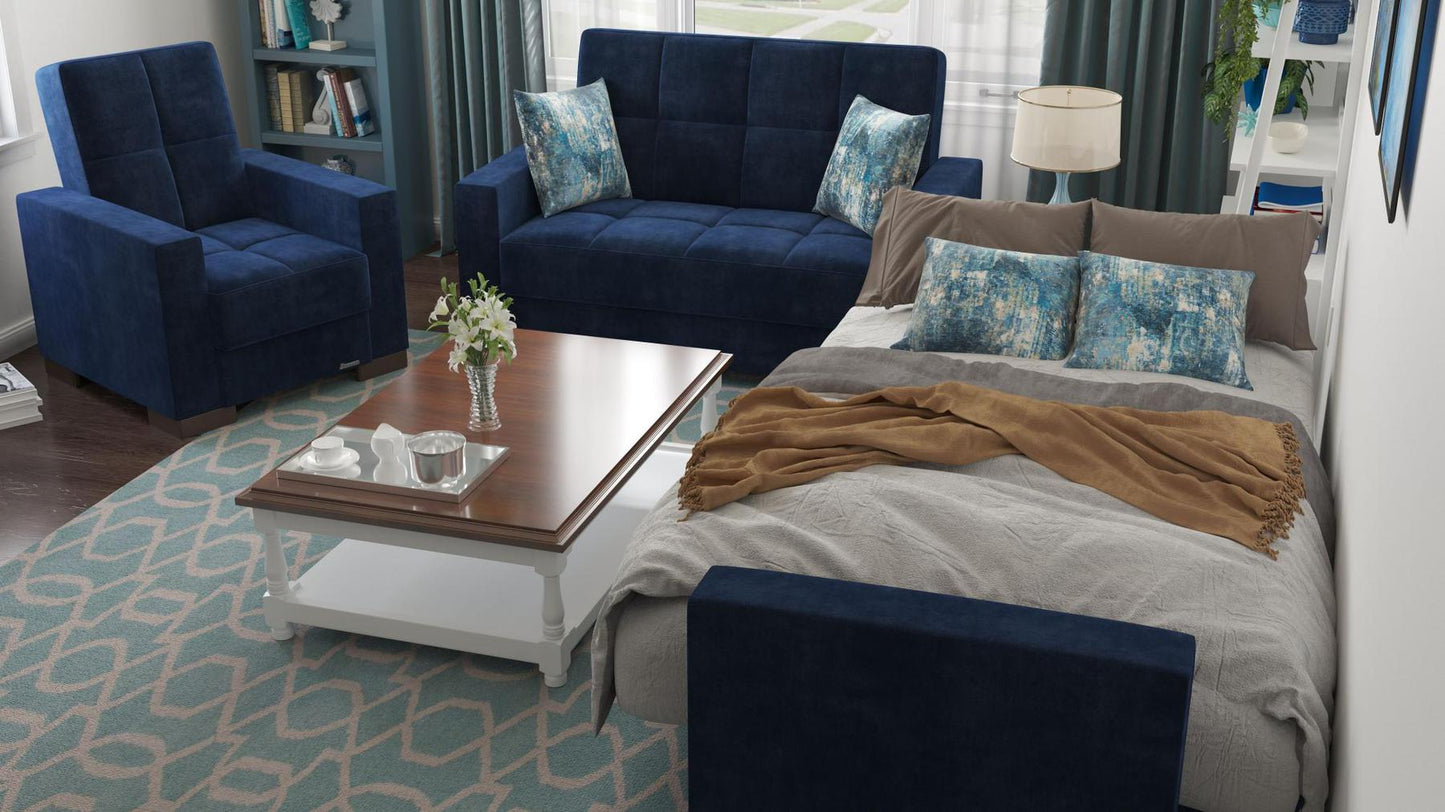 Modern design, True Blue , Microfiber upholstered convertible Armchair with underseat storage from Voyage Track by Ottomanson in living room lifestyle setting converted to sleeper. This Armchair measures 38 inches width by 36 inches depth by 41 inches height.