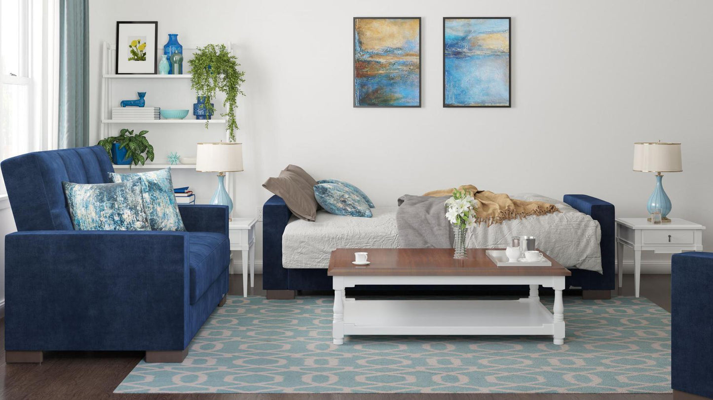 Modern design, True Blue , Microfiber upholstered convertible sleeper Sofabed with underseat storage from Voyage Track by Ottomanson in living room lifestyle setting converted to sleeper. This Sofabed measures 90 inches width by 36 inches depth by 41 inches height.
