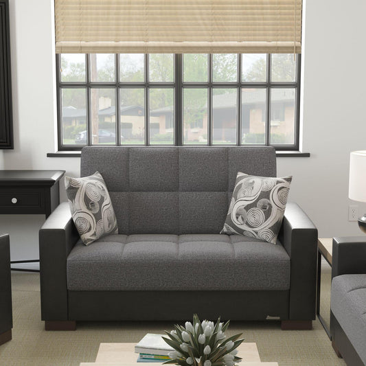 Modern design, Salt and Pepper Gray, Black , Chenille, Artificial Leather upholstered convertible sleeper Loveseat with underseat storage from Voyage Track by Ottomanson in living room lifestyle setting by itself. This Loveseat measures 67 inches width by 36 inches depth by 41 inches height.