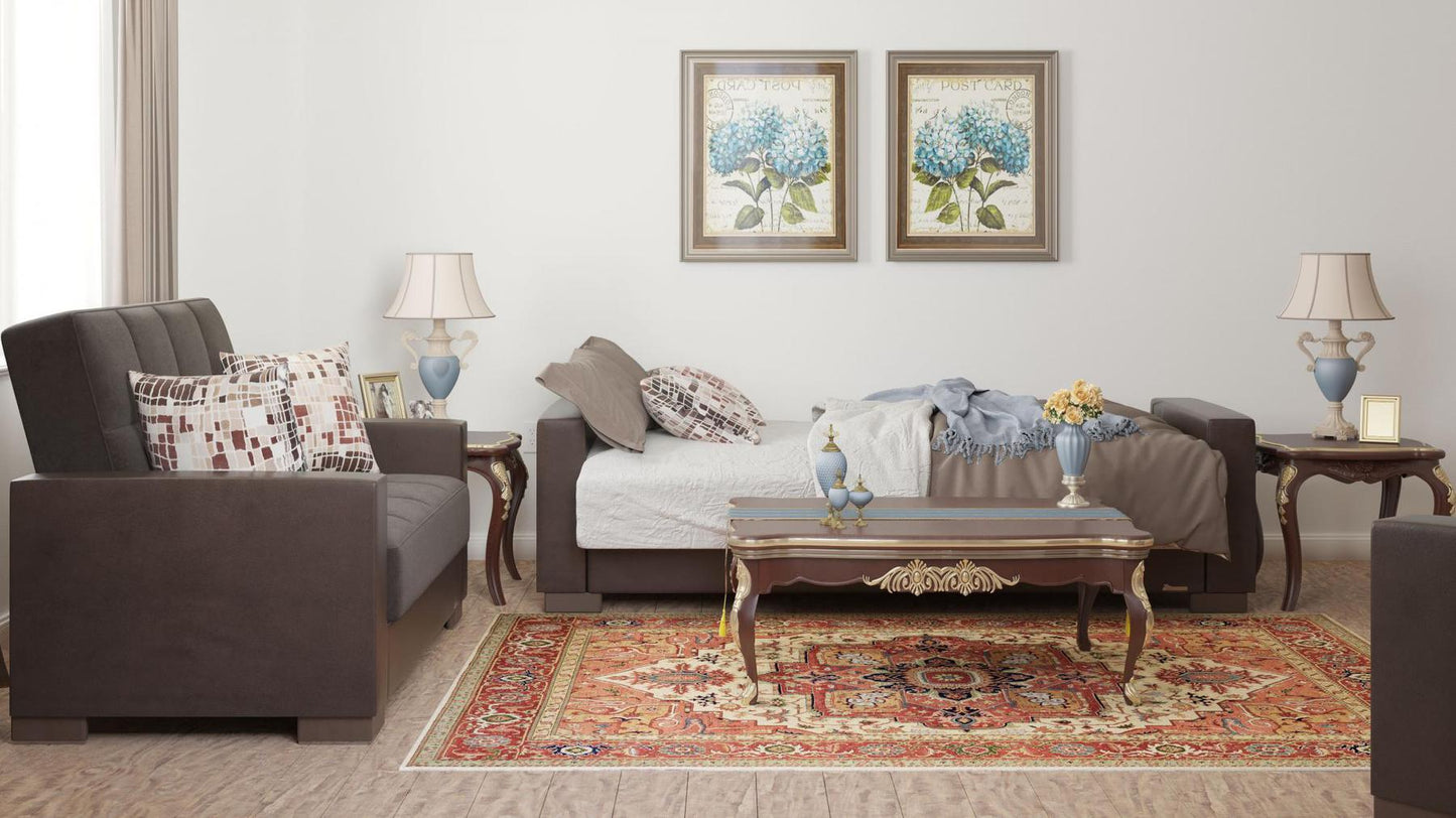 Modern design, Friar Brown, Dark Brown , Microfiber, Artificial Leather upholstered convertible sleeper Sofabed with underseat storage from Voyage Track by Ottomanson in living room lifestyle setting converted to sleeper. This Sofabed measures 90 inches width by 36 inches depth by 41 inches height.