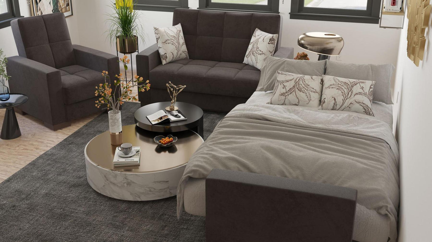 Modern design, Friar Brown , Microfiber upholstered convertible Armchair with underseat storage from Voyage Track by Ottomanson in living room lifestyle setting converted to sleeper. This Armchair measures 38 inches width by 36 inches depth by 41 inches height.