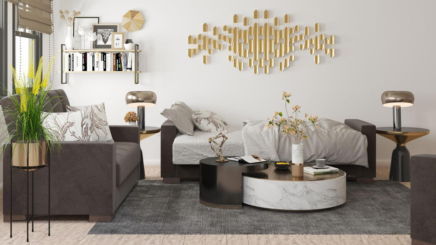 Modern design, Friar Brown , Microfiber upholstered convertible sleeper Sofabed with underseat storage from Voyage Track by Ottomanson in living room lifestyle setting converted to sleeper. This Sofabed measures 90 inches width by 36 inches depth by 41 inches height.