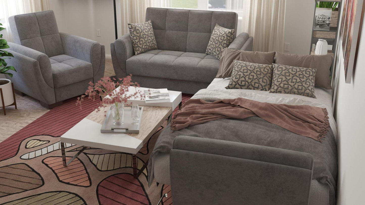 Modern design, Pewter Gray , Microfiber upholstered convertible Armchair with underseat storage from Voyage Shelter by Ottomanson in living room lifestyle setting converted to sleeper. This Armchair measures 42 inches width by 36 inches depth by 41 inches height.