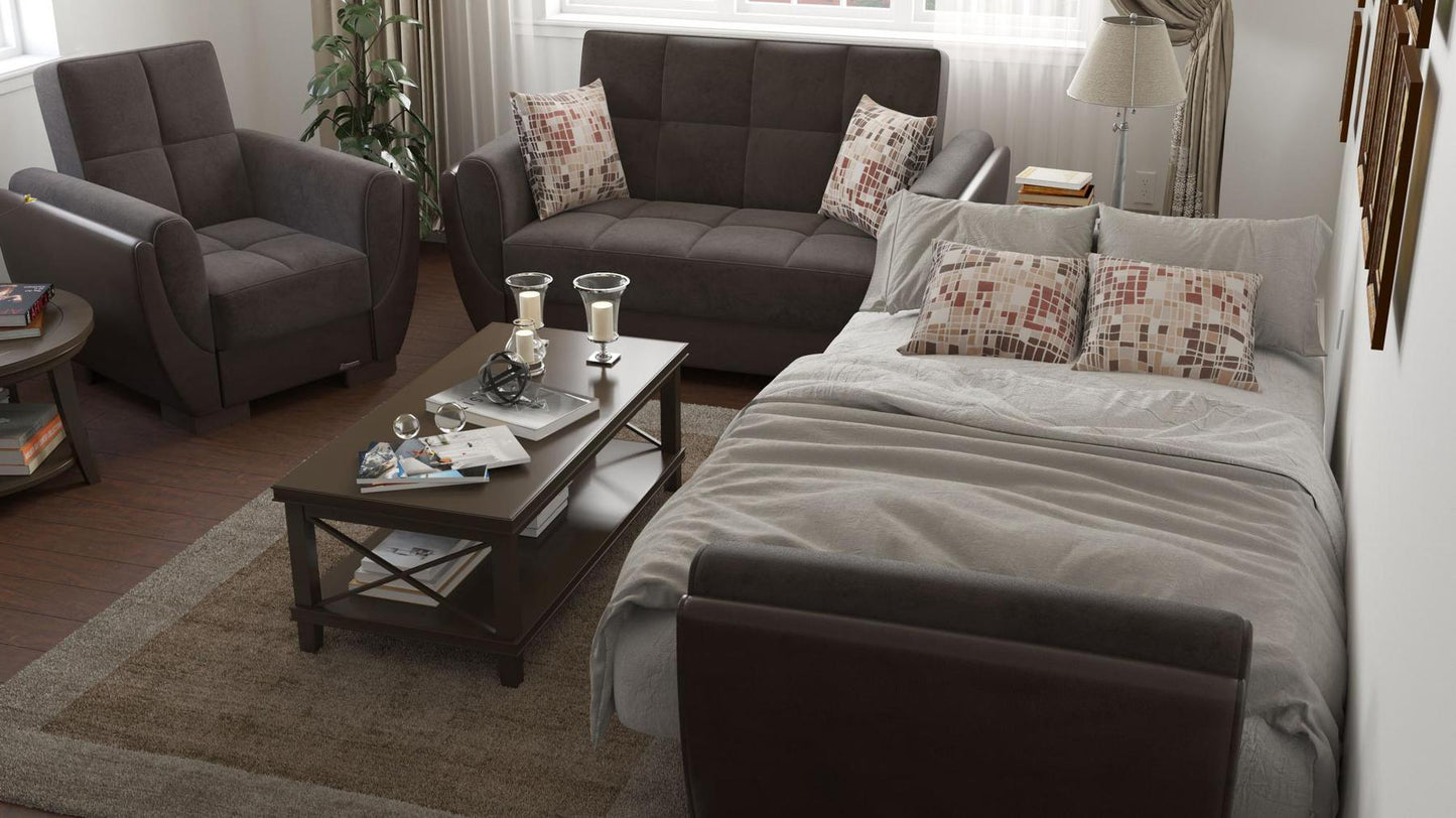 Modern design, Friar Brown, Dark Brown , Microfiber, Artificial Leather upholstered convertible Armchair with underseat storage from Voyage Shelter by Ottomanson in living room lifestyle setting converted to sleeper. This Armchair measures 42 inches width by 36 inches depth by 41 inches height.