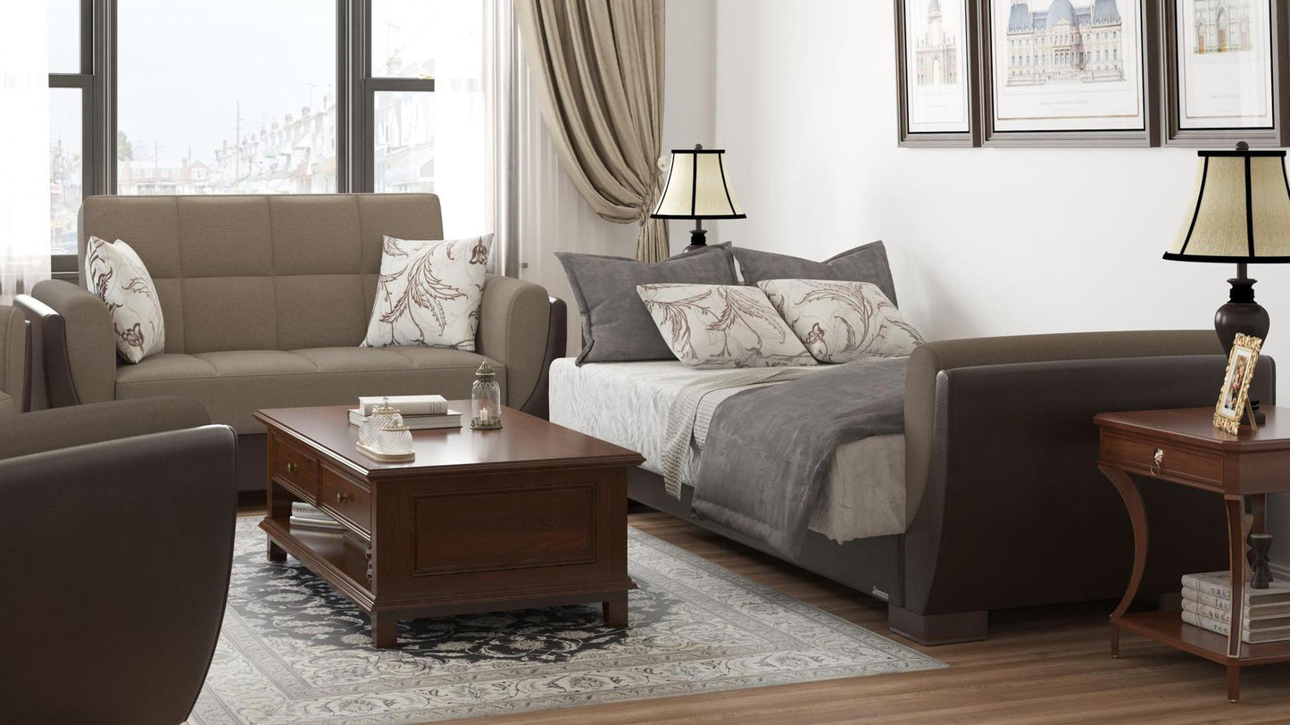 Modern design, Light Taupe, Dark Brown , Chenille, Artificial Leather upholstered convertible sleeper Loveseat with underseat storage from Voyage Shelter by Ottomanson in living room lifestyle setting converted to sleeper. This Loveseat measures 71 inches width by 36 inches depth by 41 inches height.