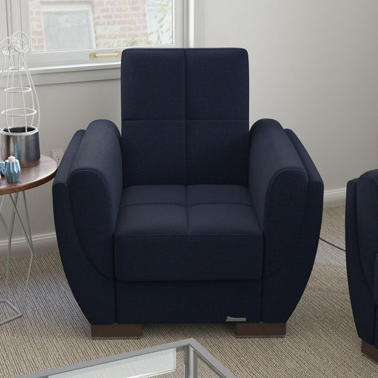 Modern design, Black Blue Denim , Chenille upholstered convertible Armchair with underseat storage from Voyage Shelter by Ottomanson in living room lifestyle setting by itself. This Armchair measures 42 inches width by 36 inches depth by 41 inches height.