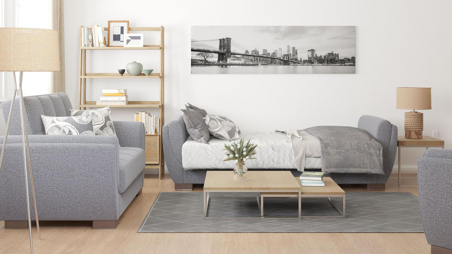 Modern design, Salt and Pepper Gray , Chenille upholstered convertible sleeper Sofabed with underseat storage from Voyage Shelter by Ottomanson in living room lifestyle setting converted to sleeper. This Sofabed measures 94 inches width by 36 inches depth by 41 inches height.