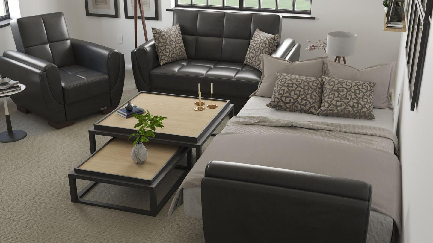 Modern design, Black , Artificial Leather upholstered convertible Armchair with underseat storage from Voyage Shelter by Ottomanson in living room lifestyle setting converted to sleeper. This Armchair measures 42 inches width by 36 inches depth by 41 inches height.